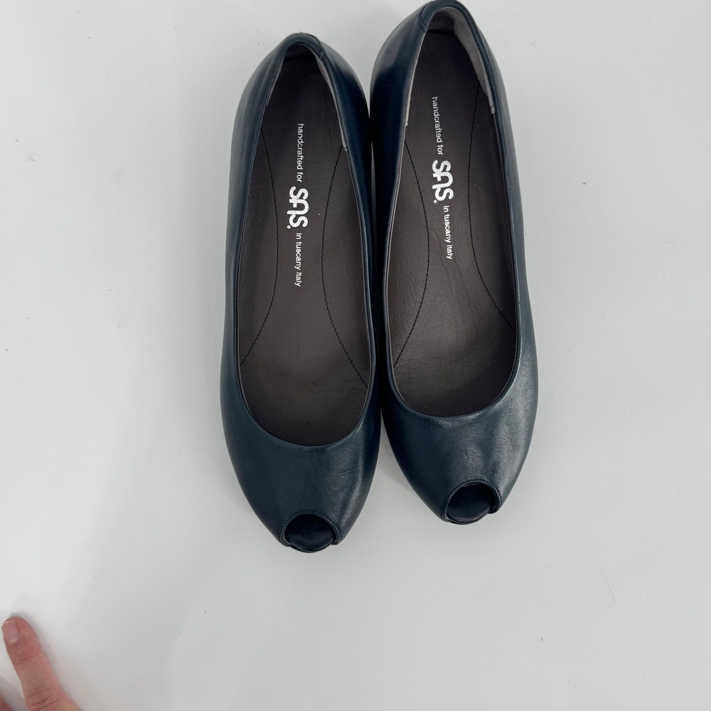 SAS Scarlett Peep Toe‎ Wedge Pump Blue Leather Women's 8 Wide Made in Italy - Picture 11 of 14